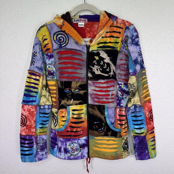 EzHiPPiE Jackets & Blazers - EzHiPPiE Jacket Womens Large Patchwork Boho Hippie Hooded Zip Multicolor Tie Dye